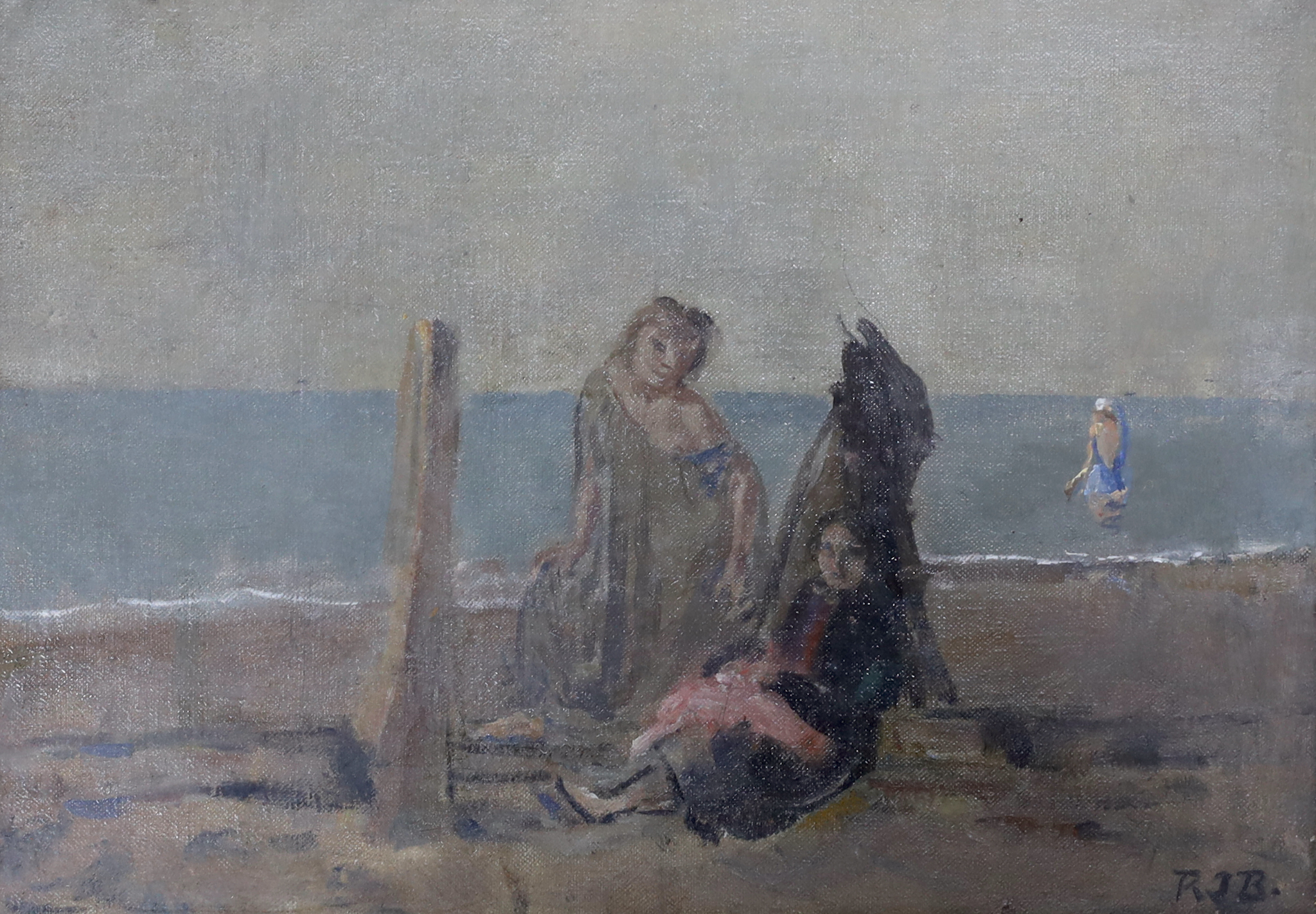 Rodney Joseph Burn (1899-1984), oil on canvas, Figures on Brighton Beach 1922, initialled, 25 x 35cm